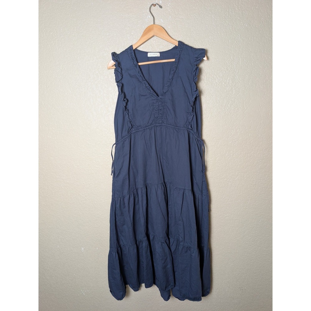 Stark X Women's Blue Ruffle Tiered Maxi Dress V-Neck Boho Coastal Small